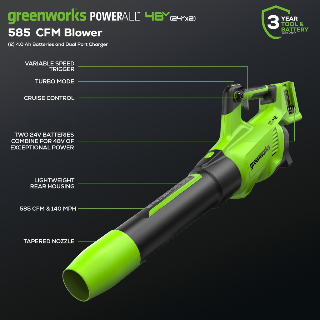 48V (24V x 2) 585 CFM Cordless Battery Leaf Blower w/ (2) 4.0 Ah USB Batteries & Dual Port Charger