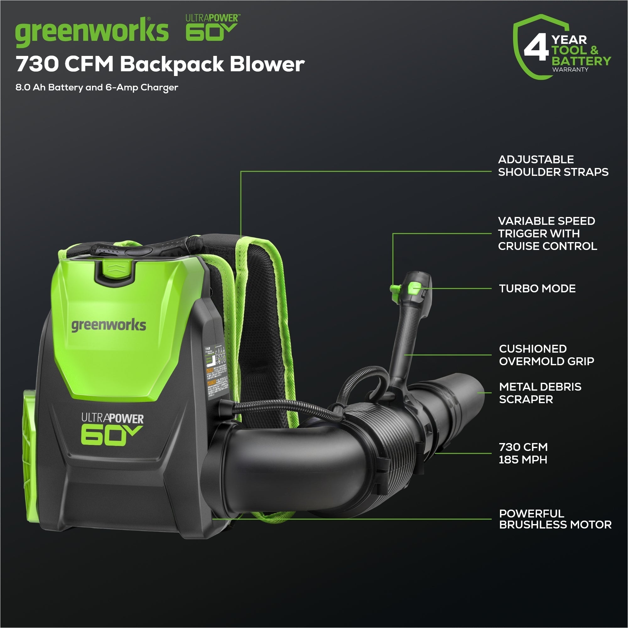 60V 730 CFM Cordless Battery Brushless Backpack Blower w/ 8.0Ah Battery & Charger