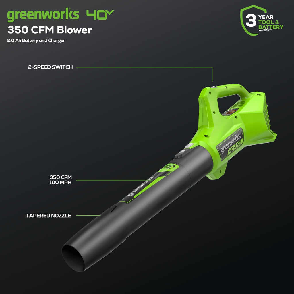 40V 350 CFM Cordless Battery Leaf Blower w/ 2.0 Ah Battery & Charger