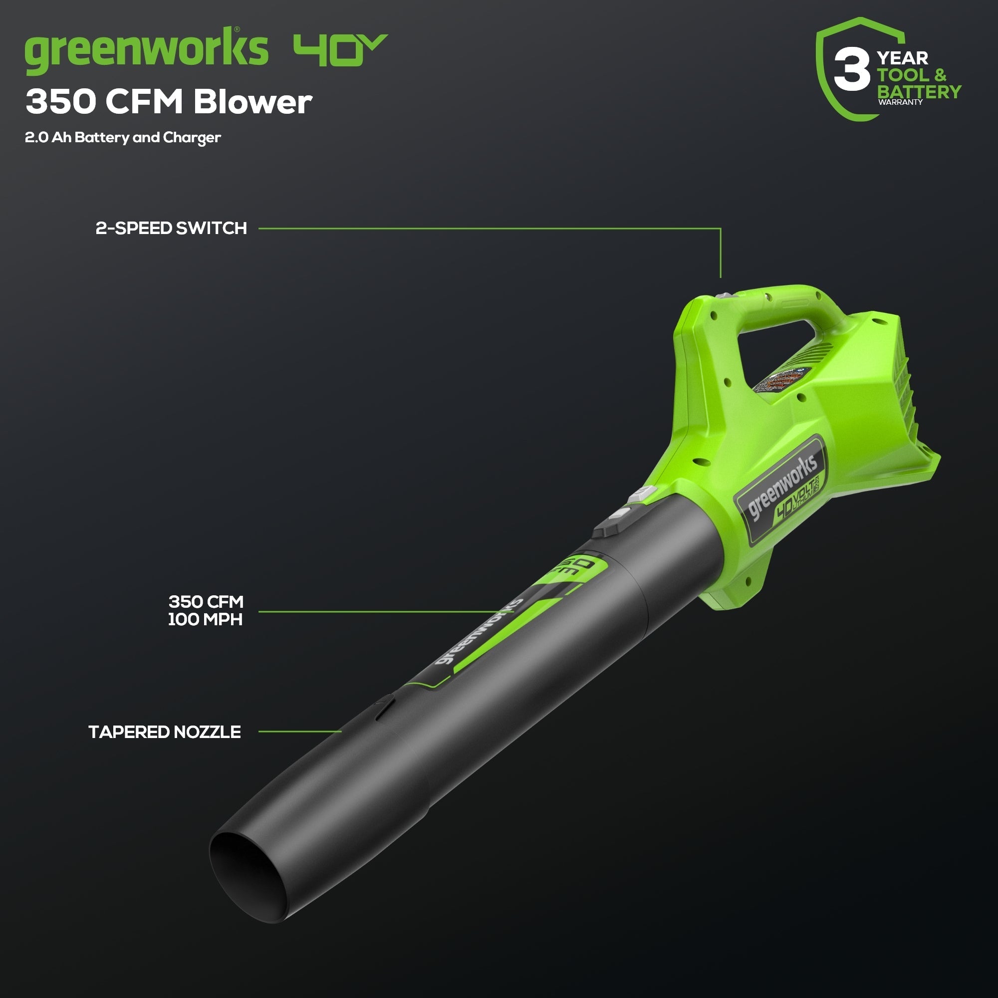 40V 350 CFM Cordless Battery Leaf Blower w/ 2.0 Ah Battery & Charger