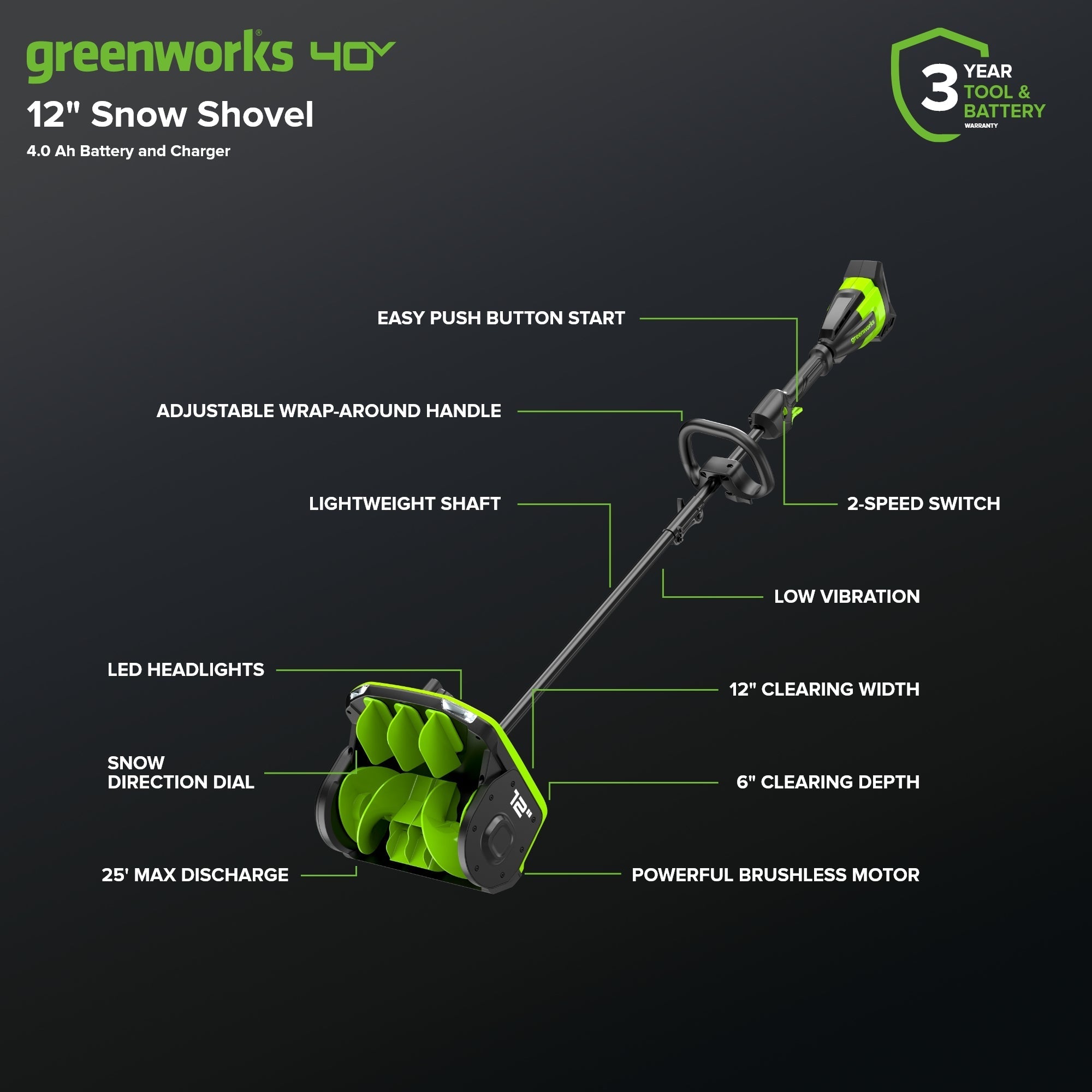 40V 12" Cordless Battery LED Snow Shovel w/ Directional Vanes, 4.0Ah Battery and Charger