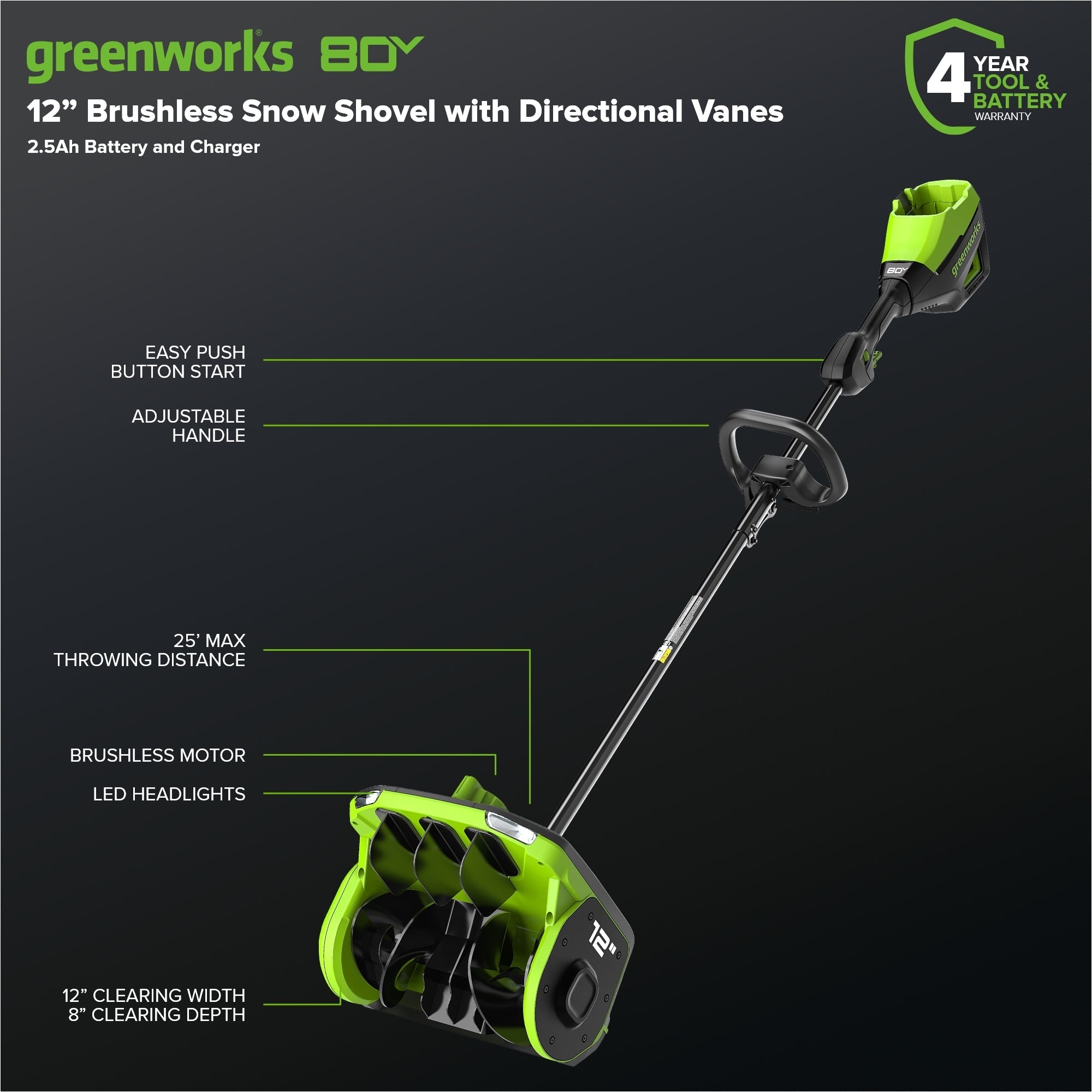 80V 12" Cordless Battery LED Snow Shovel w/ Directional Vanes, 2.5Ah Battery and Charger