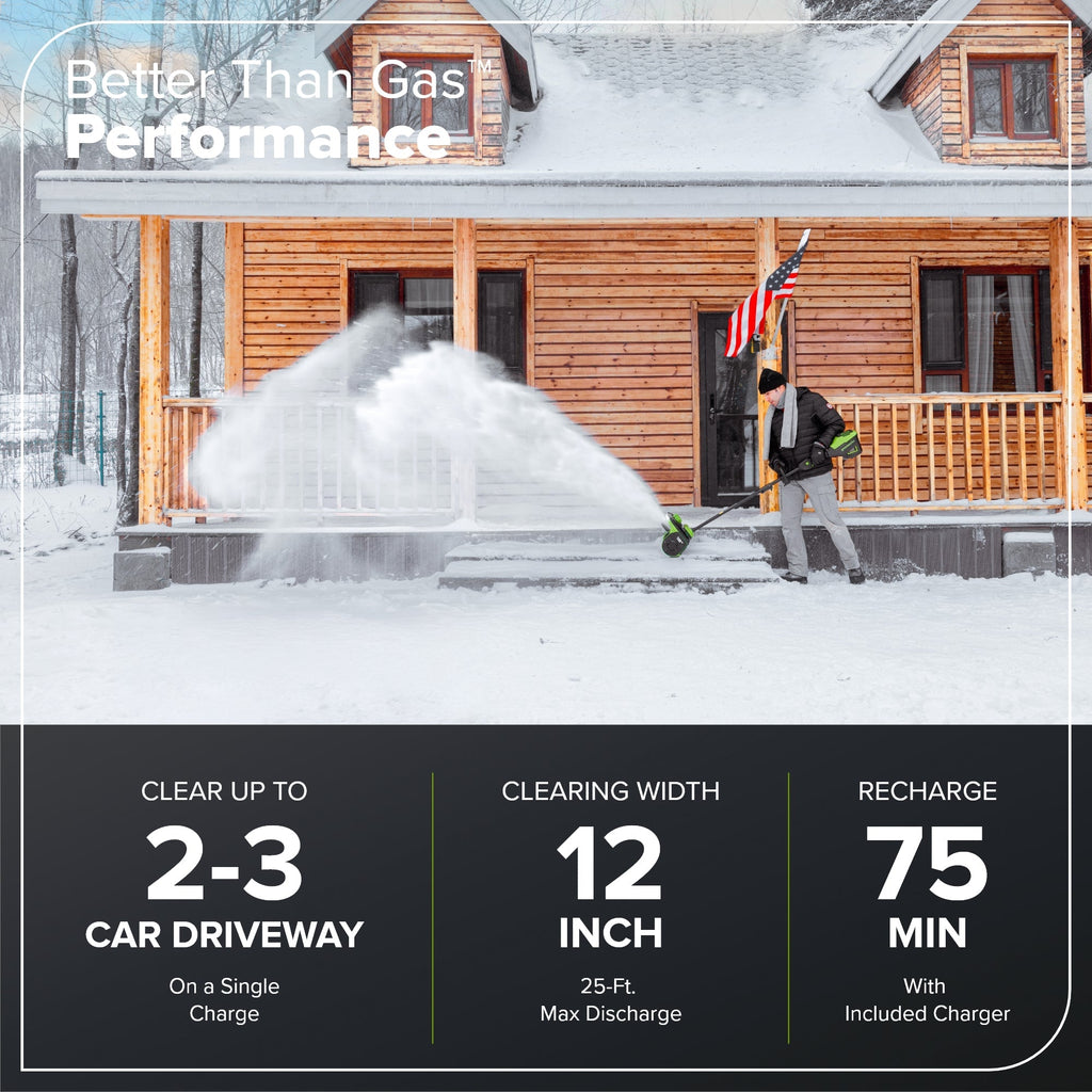 80V 12" Cordless Battery LED Snow Shovel w/ Directional Vanes, 2.5Ah Battery and Charger