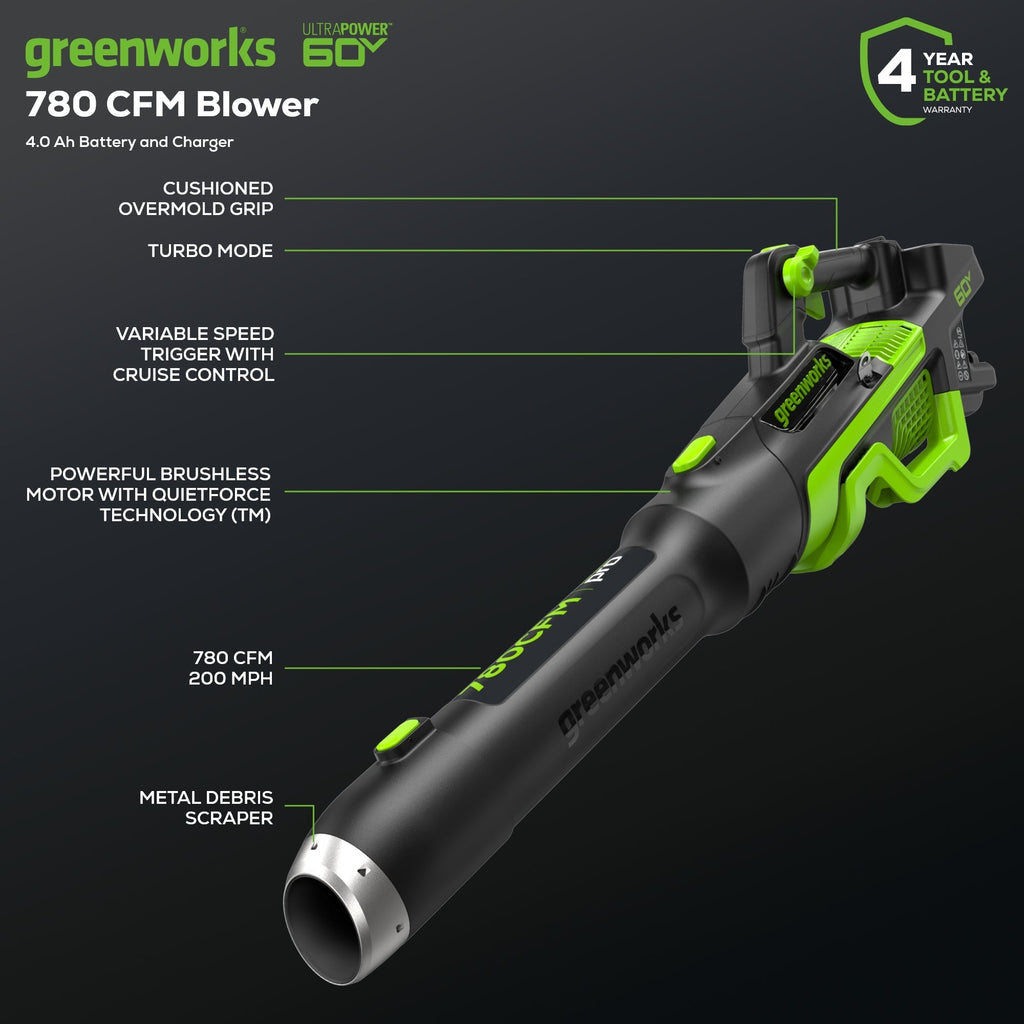 Pro 60V 780CFM Cordless Battery Leaf Blower w/ 4Ah Battery & Charger