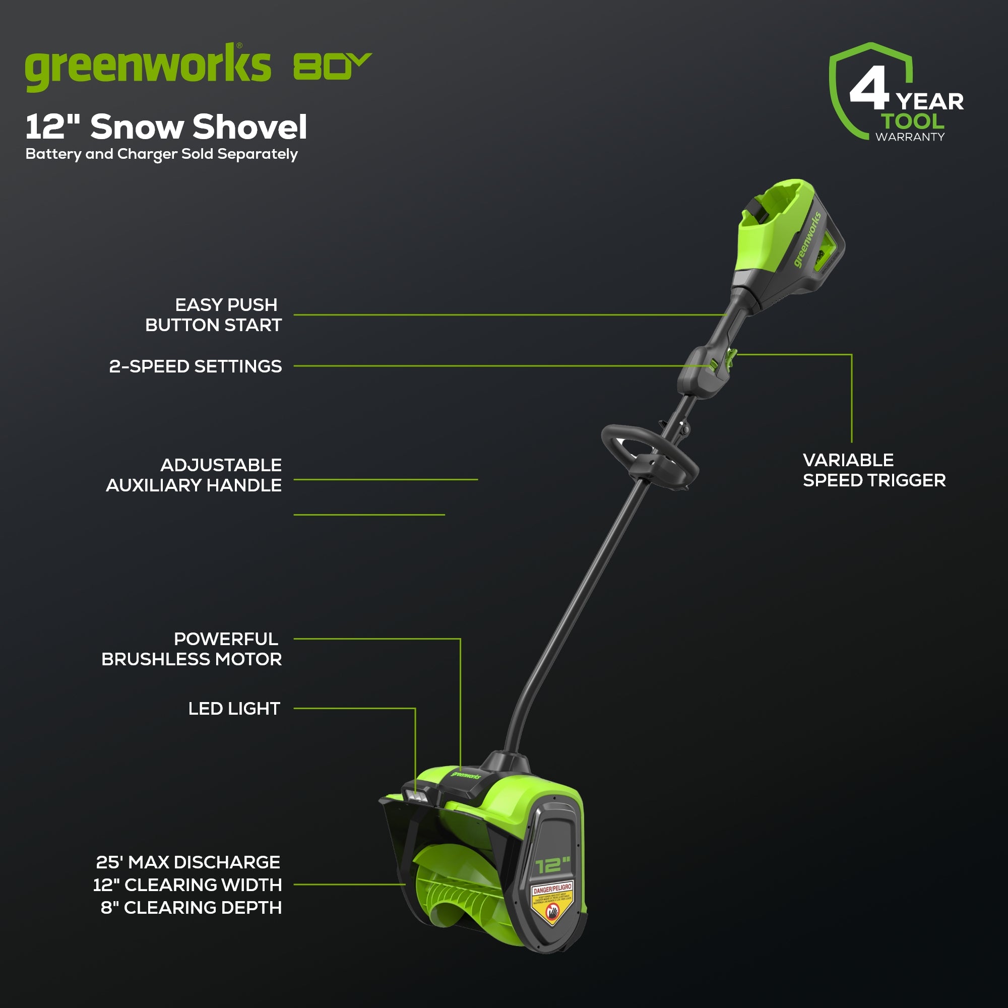 80V 12" Cordless Battery LED Snow Shovel w/ 2.0Ah Battery & Charger