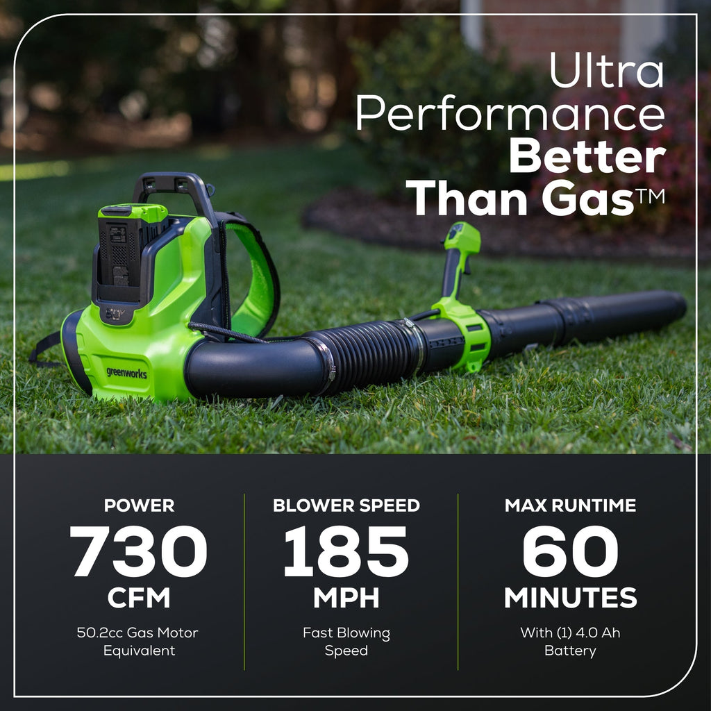 60V 730 CFM Cordless Battery Backpack Blower w/ 4.0Ah Battery & 3A Charger