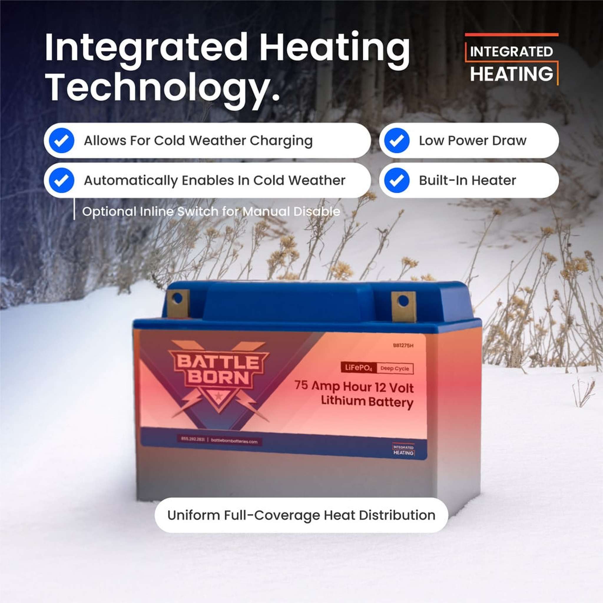 Battle Born Batteries | 75Ah 12V Group 24 LiFePO4 Heated Battery Kit