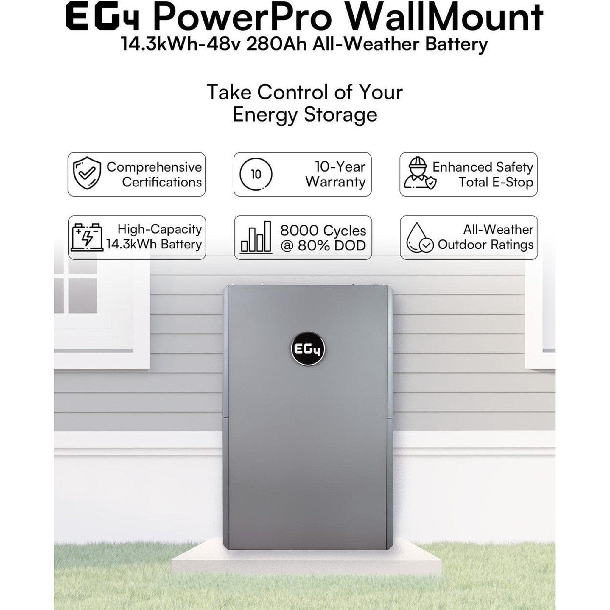 EG4 | PowerPro WallMount AllWeather Lithium Battery | 48V 280Ah | 14.3kWh LiFePO4 | All-Weather Energy Storage | UL1973, UL9540A (PREORDER)