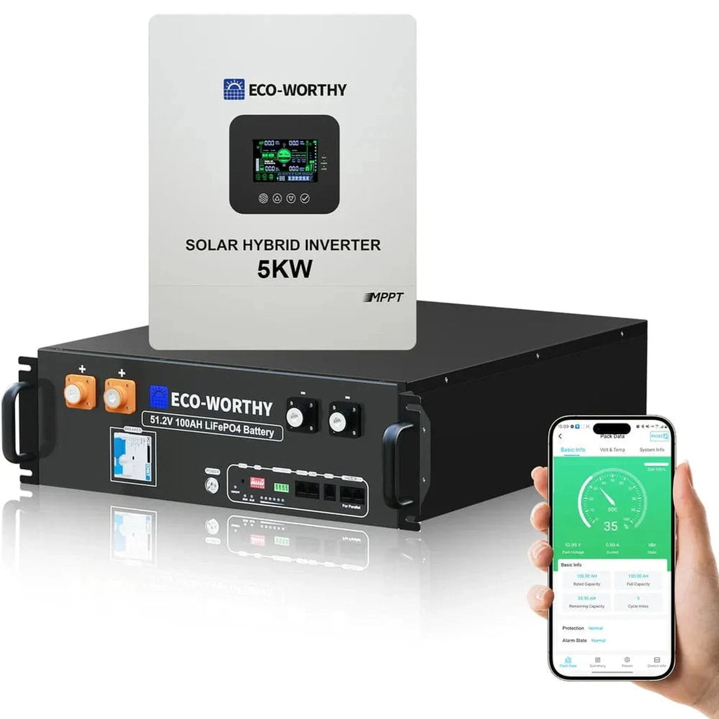 Eco-Worthy | 5.12KWh/10.24KWh Home Backup Power With 48V 100Ah LiFePO4 And 5000W 48V Hybrid Inverter