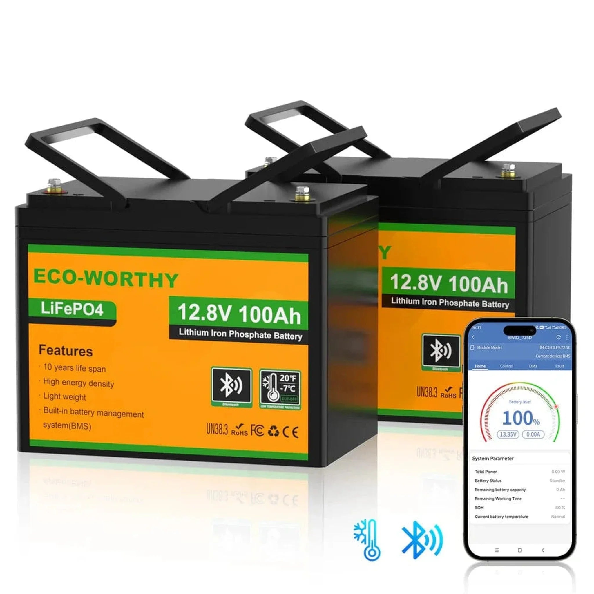 Eco-Worthy | LiFePO4 12V 100Ah Lithium Iron Phosphate Battery With Bluetooth And Low-temperature Protection