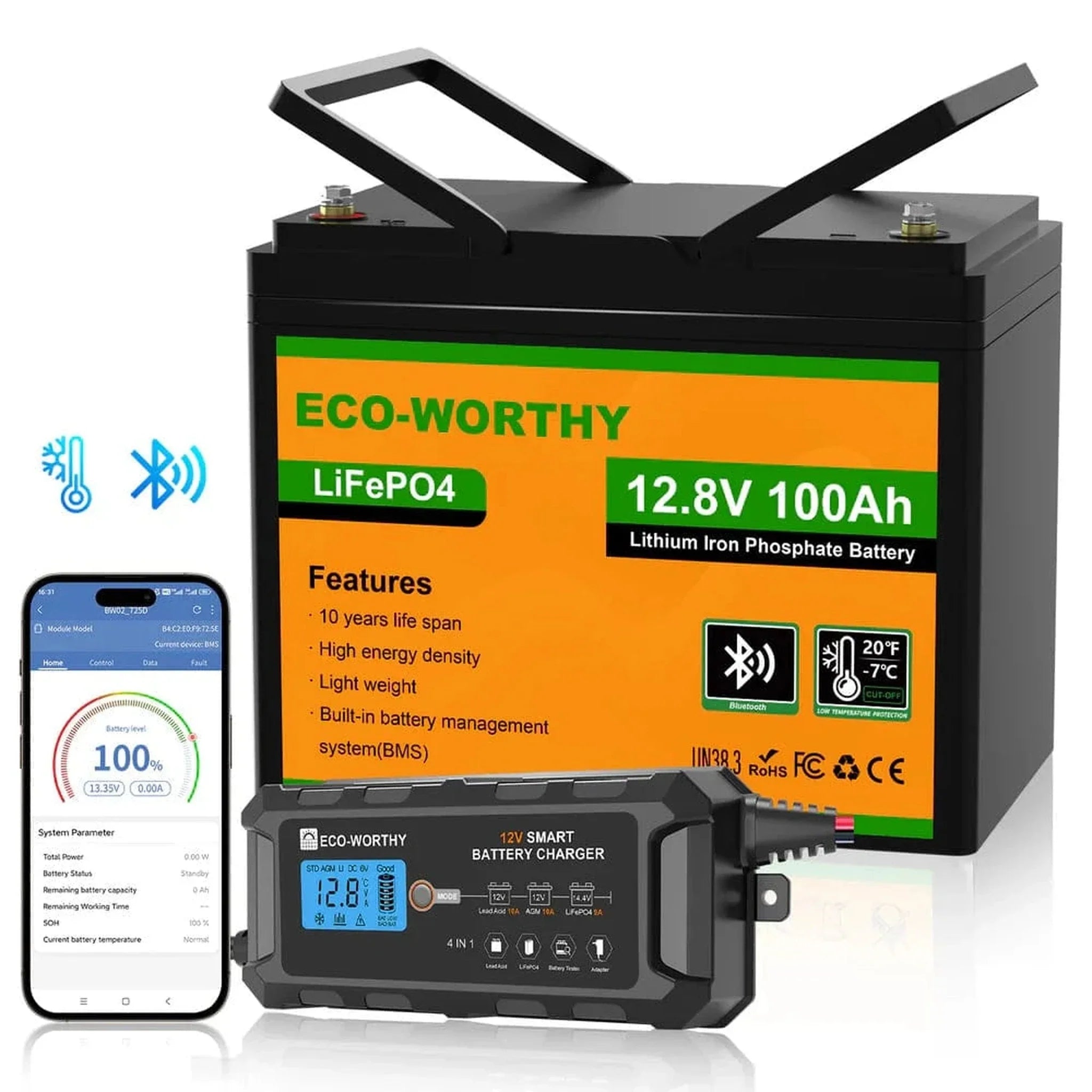 Eco-Worthy | LiFePO4 12V 100Ah Lithium Iron Phosphate Battery With Bluetooth And Low-temperature Protection