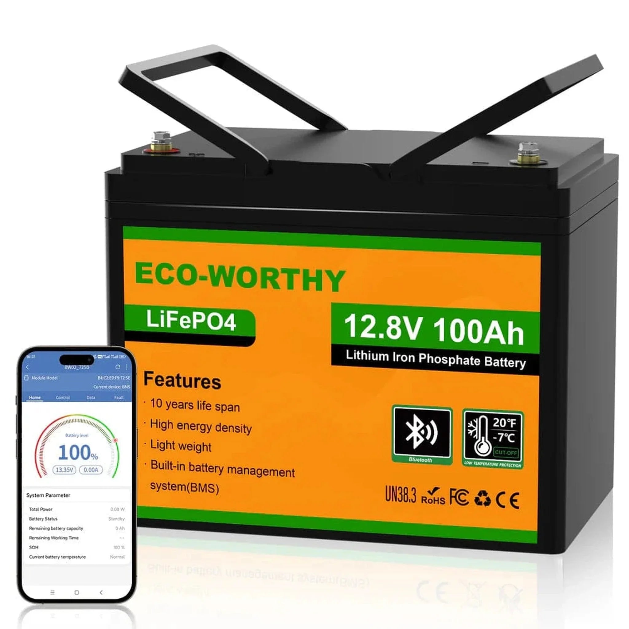 Eco-Worthy | LiFePO4 12V 100Ah Lithium Iron Phosphate Battery With Bluetooth And Low-temperature Protection
