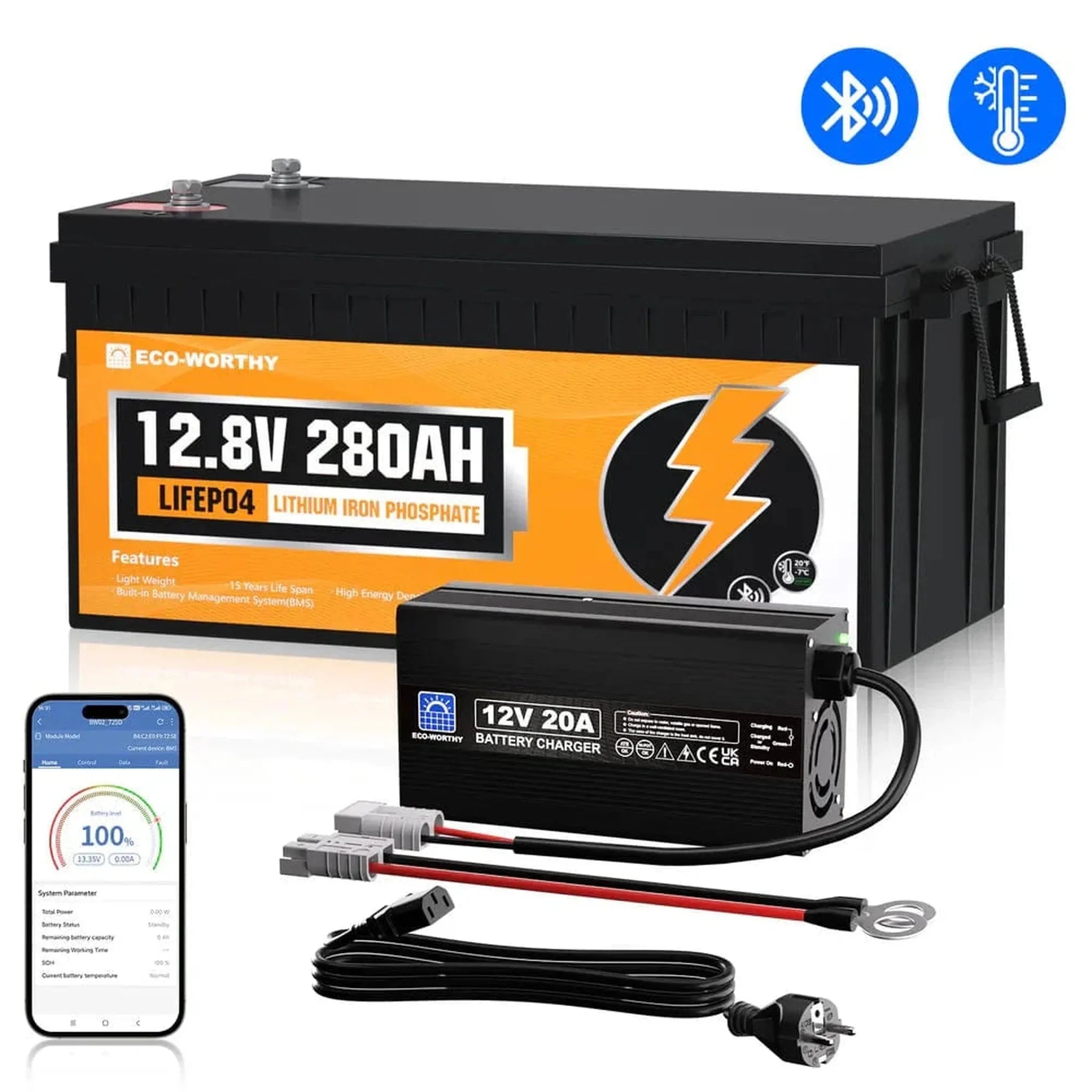 Eco-Worthy | LiFePO4 12V 280Ah Lithium Iron Phosphate Battery With Bluetooth
