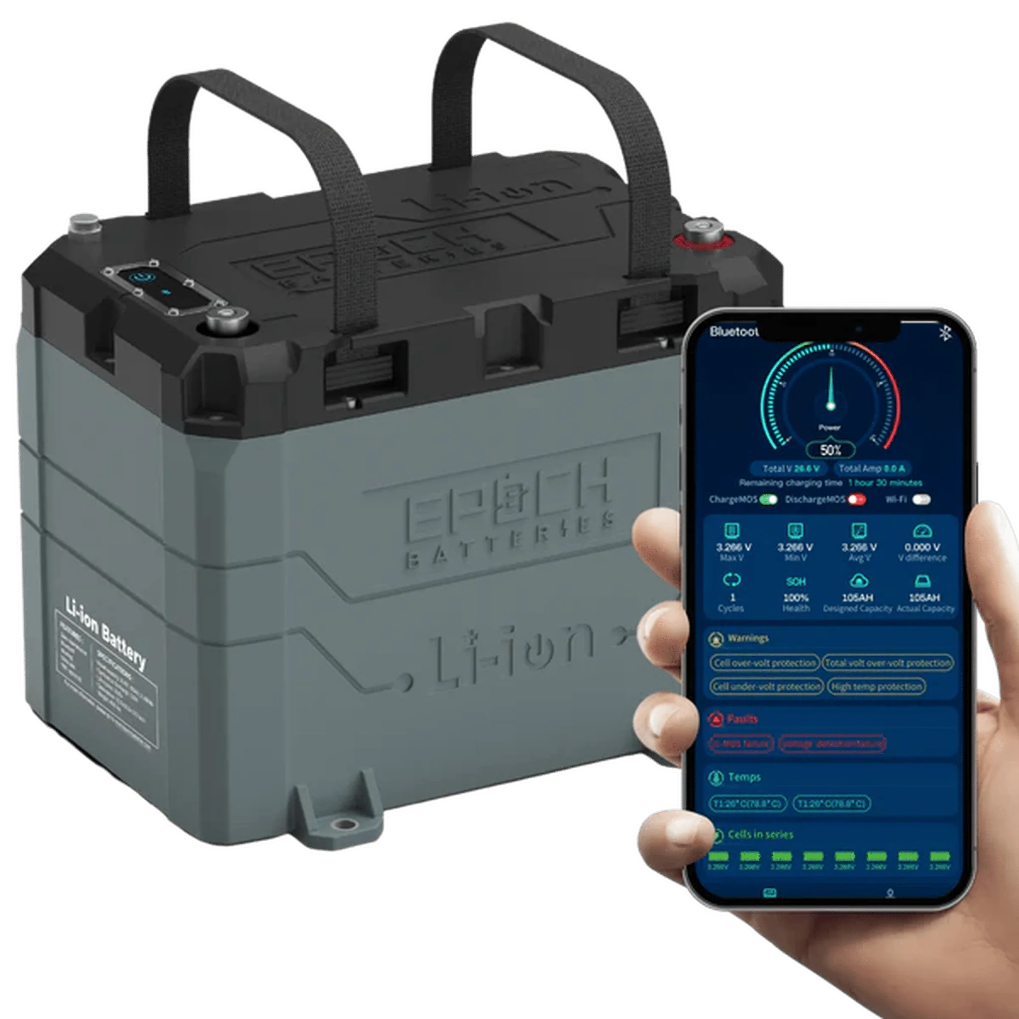 Epoch Batteries | 12V 50Ah LiFePO4 Lithium Battery - Bluetooth, Heating, Waterproof
