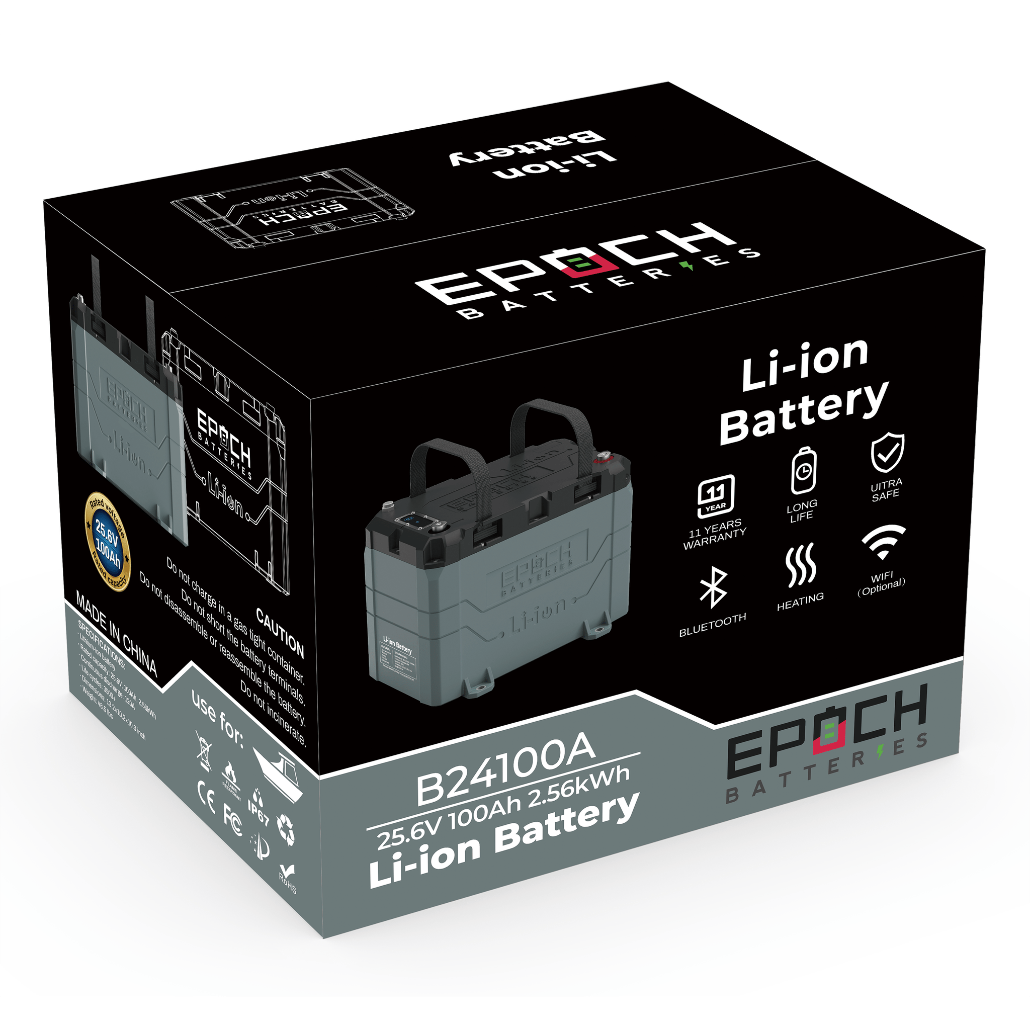 Epoch Batteries | 24V 100Ah LiFePO4 Lithium Battery Bluetooth, Heating, Waterproof