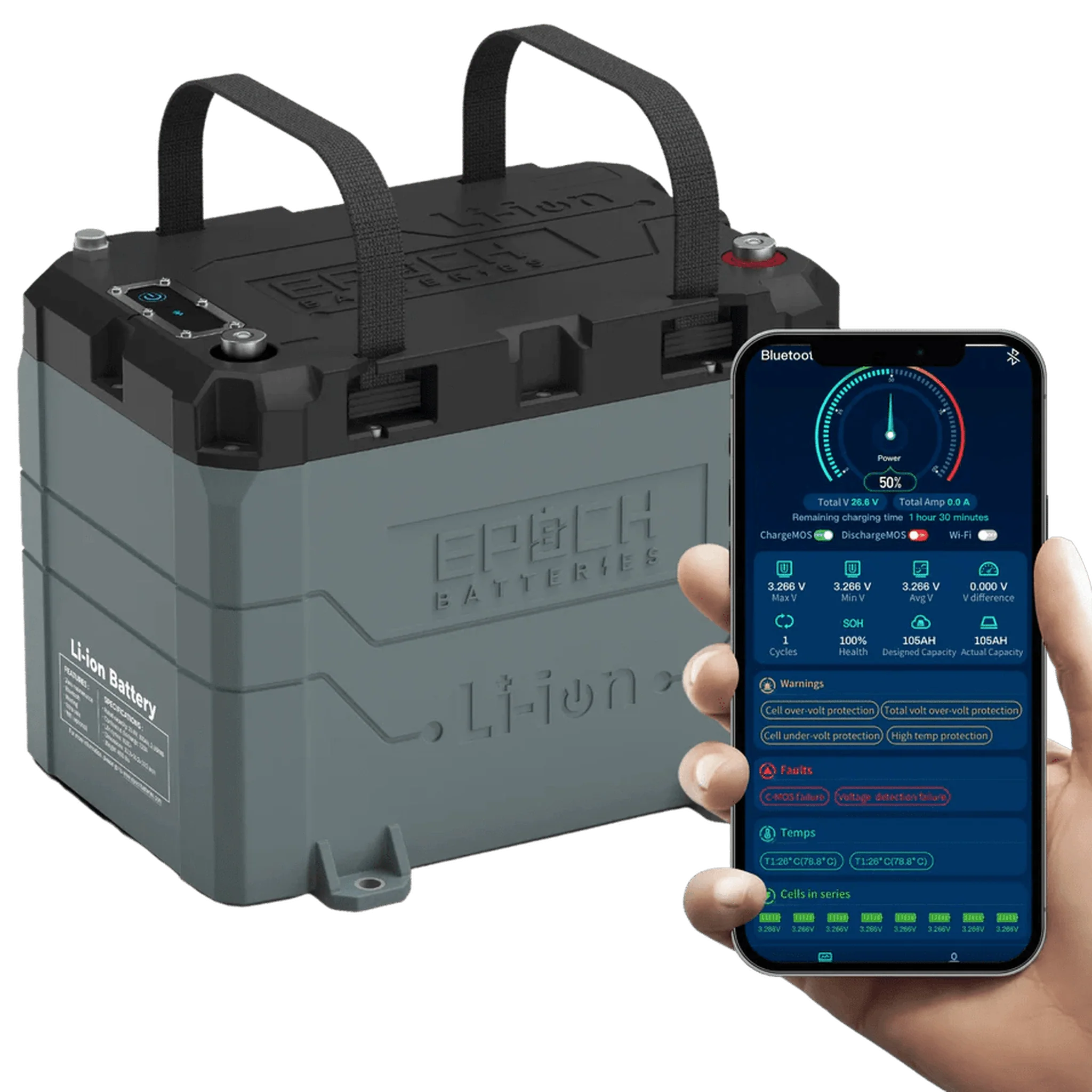Epoch Batteries | 24V 50Ah LiFePO4 Lithium Battery - Bluetooth, Heating, Waterproof