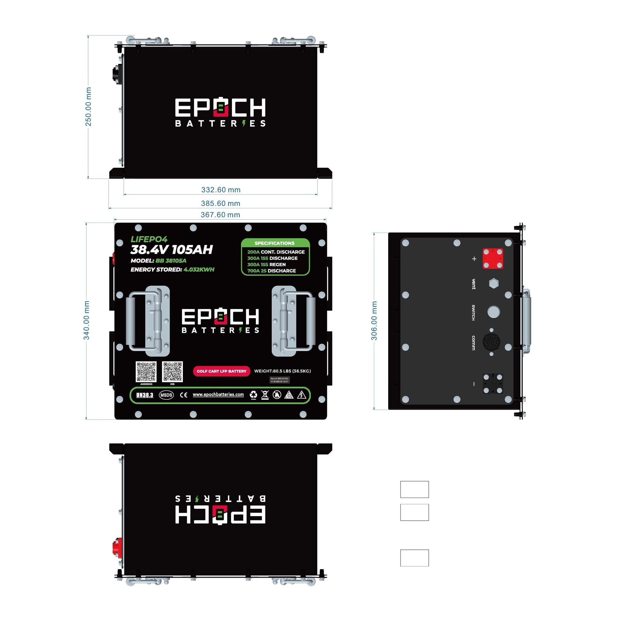Epoch Batteries | 36V 105Ah LiMax Series LiFePO4 Golf Cart Battery Complete Kit