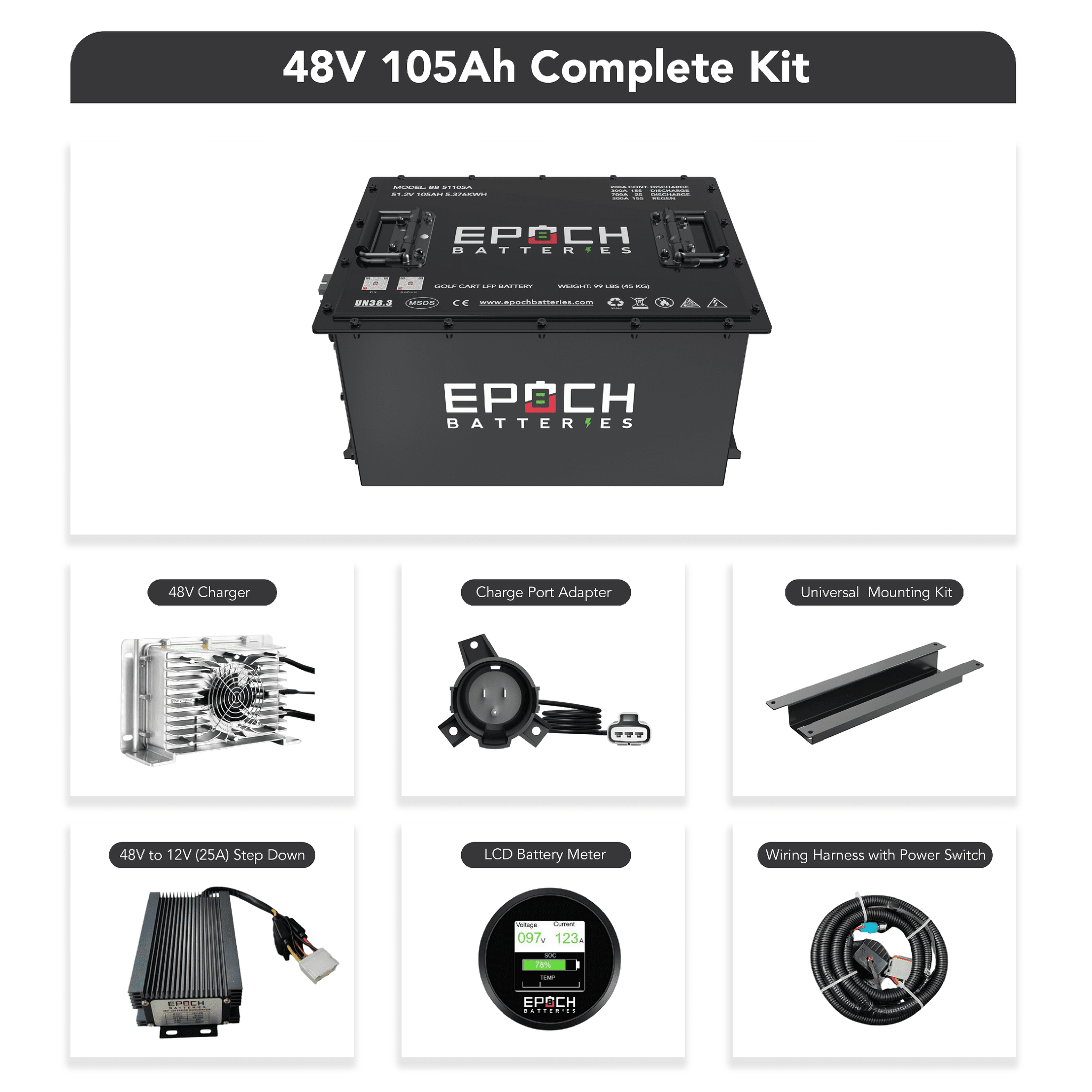 Epoch Batteries | 48V 105Ah Lithium (LiFePO4) Golf Cart Battery - Complete Kit
