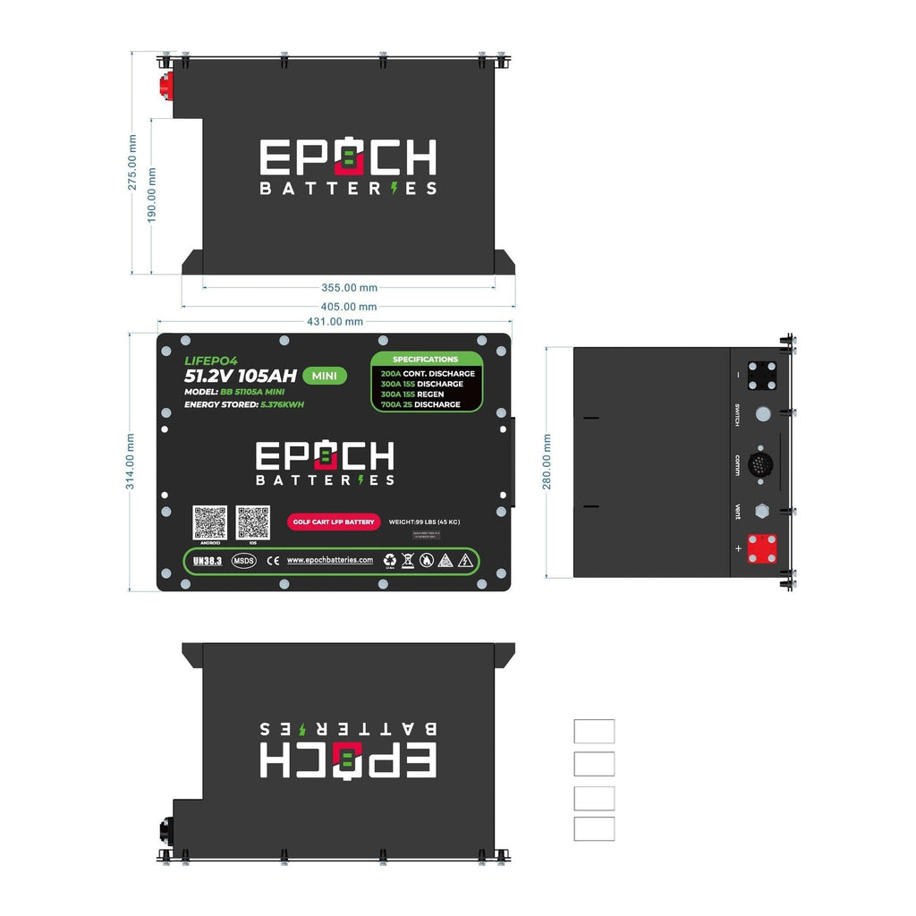 Epoch Batteries | 48V 105Ah MINI LiMax Series LiFePO4 Golf Cart Battery Complete Kit