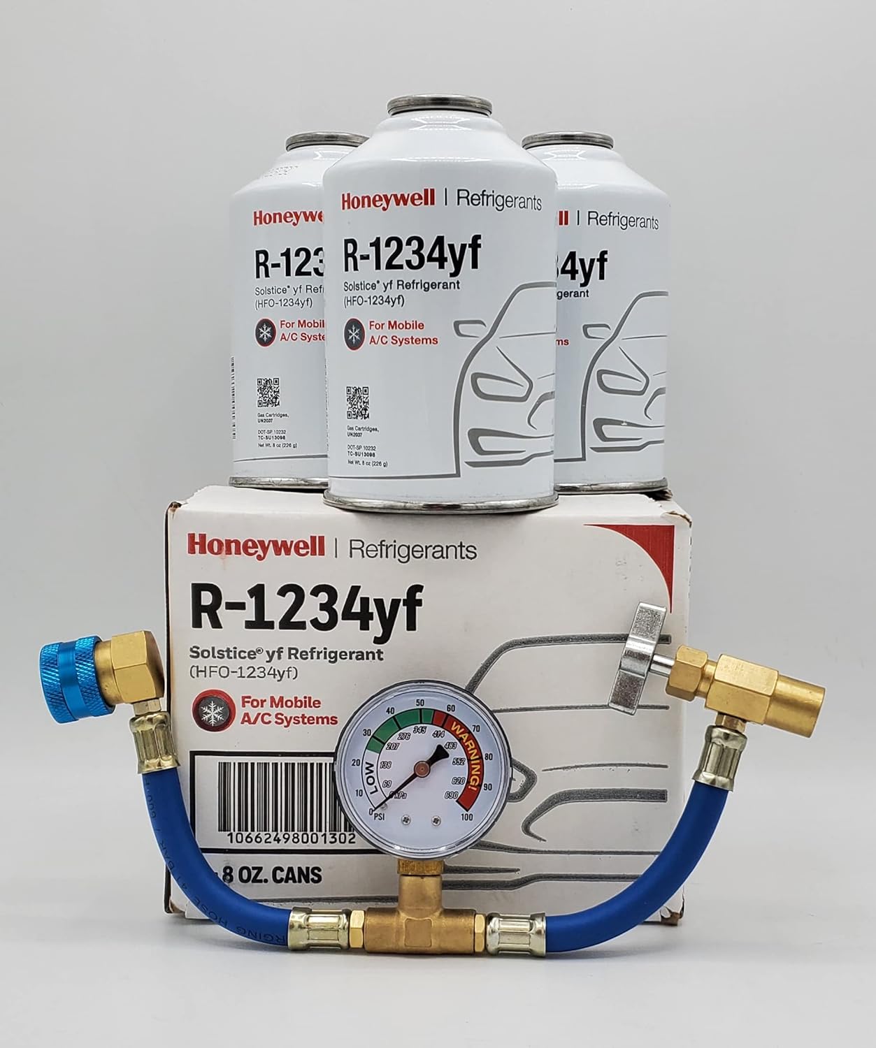 8oz R1234YF Refrigerant (3 8oz Cans) & HD Brass Can Tap with Gauge Honey Well Genuine