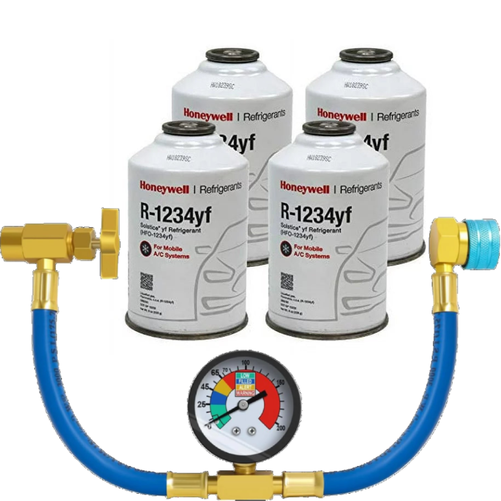 R1234YF Refrigerant (4 Cans 8oz) & HD Brass Can Tap with Gauge - HoneyWell