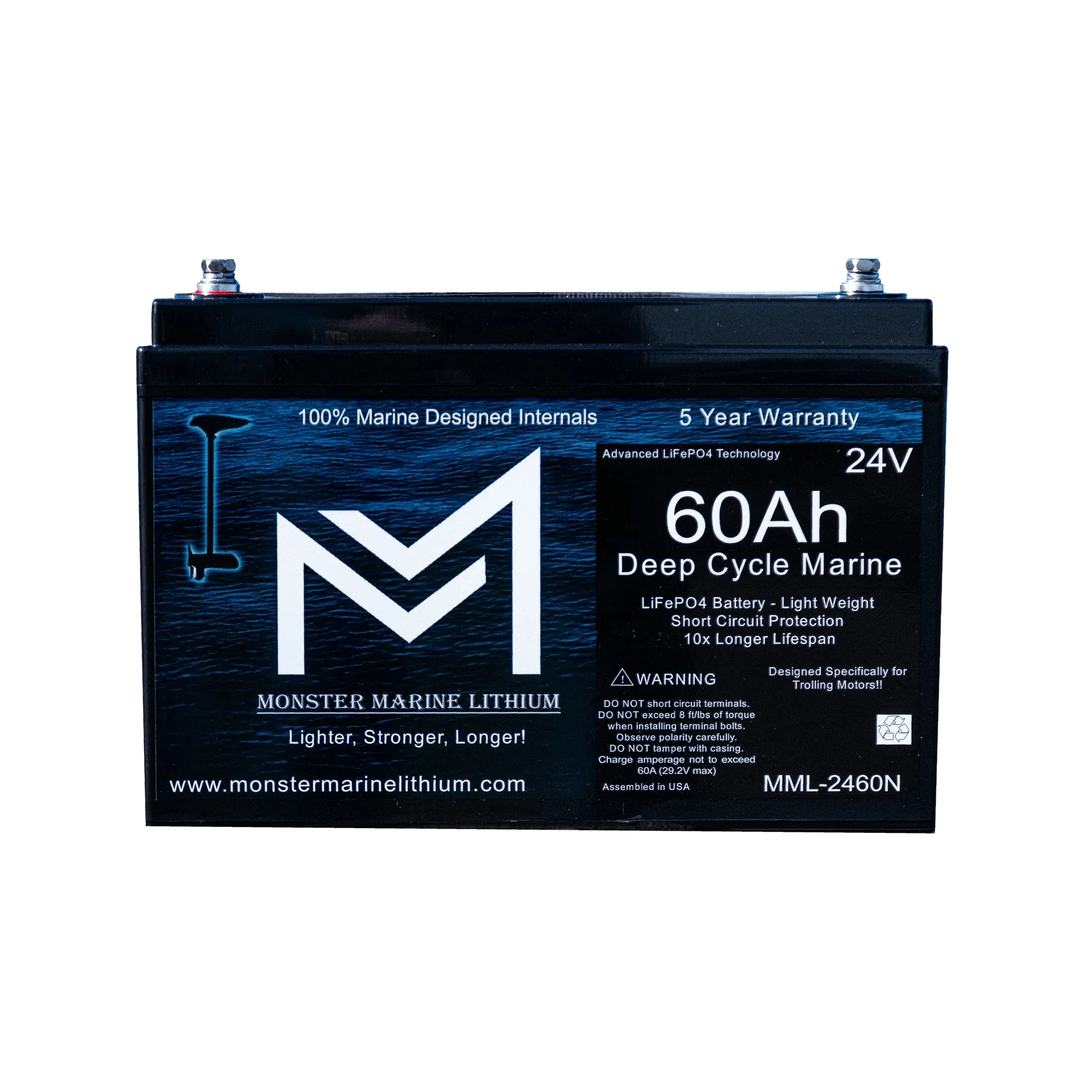 Monster Marine Lithium | 24V 60Ah Lithium Deep Cycle Marine Trolling Battery - Bluetooth - MML-2460B