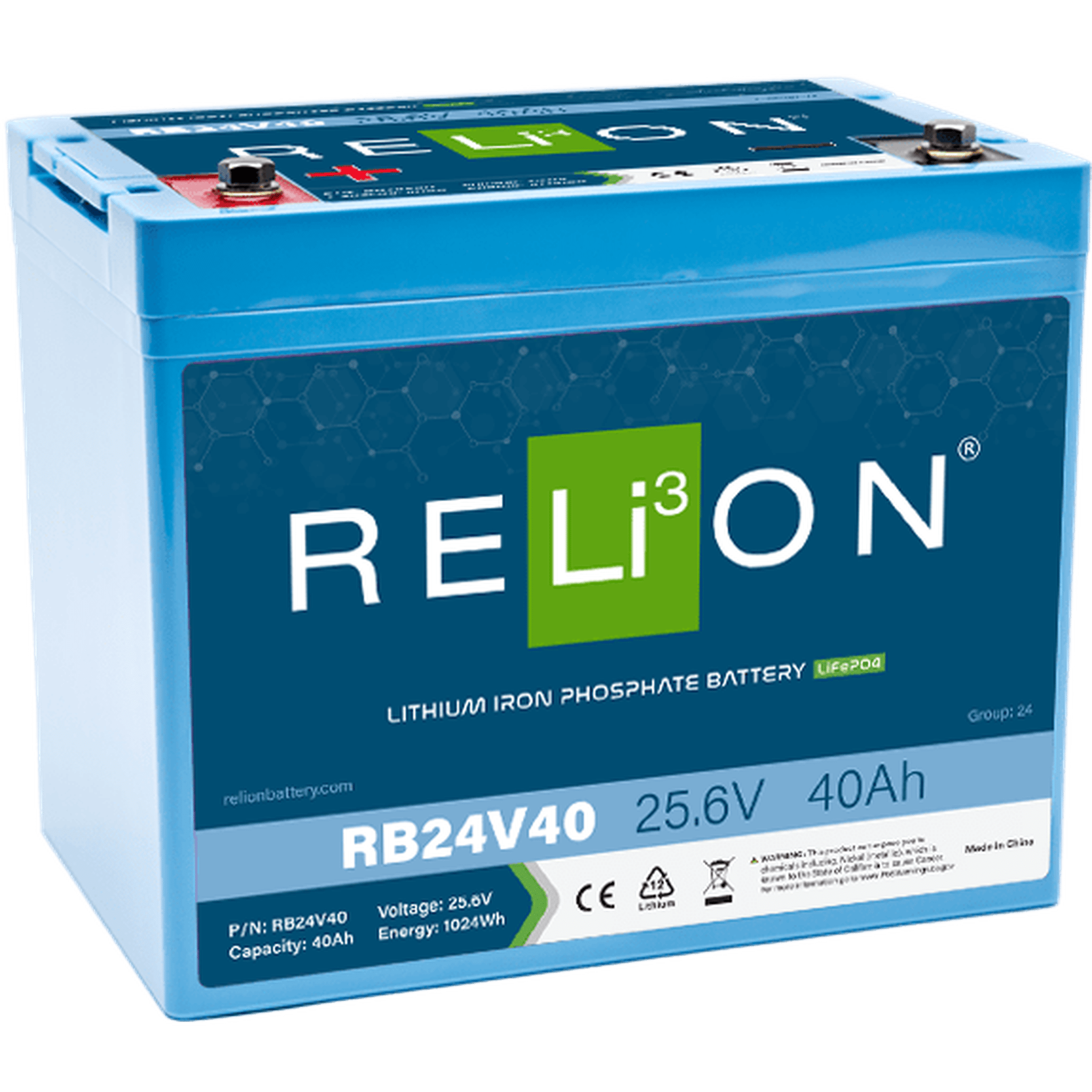RELiON | RB24V40, LIFEPO4 Legacy Lithium Battery 24 24V, Not Series Capable, 25.6V, 40 Amp Hour