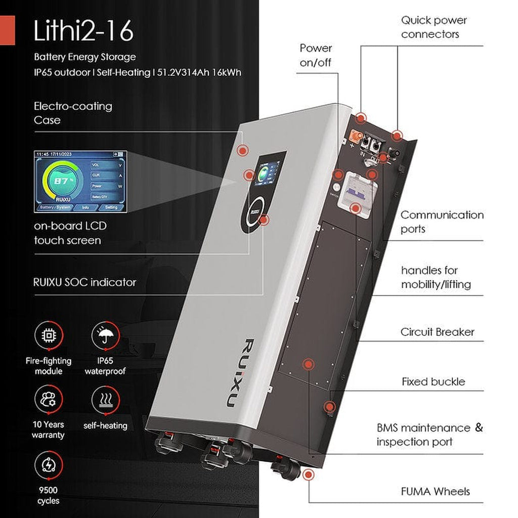 RUiXU | Lithi2-16 16kWh Lithium Battery | 51.2V 314Ah | UL1973/9540A/9540 Certified | CEC & SGIP (PRE-ORDER)