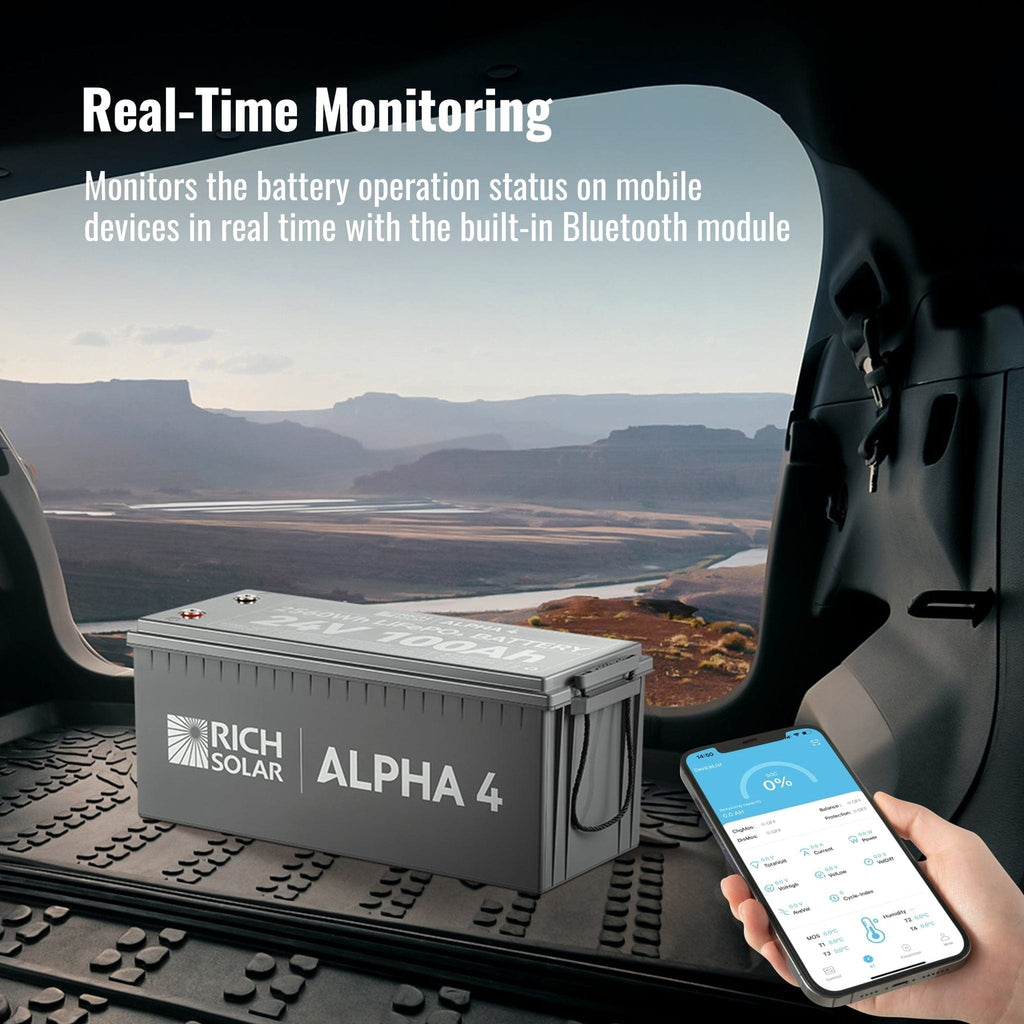 Rich Solar | ALPHA 4 | 24V 100Ah LiFePO4 Battery Off-Grid | 5,000 Lifetime Cycles | Bluetooth and Internal Heat Technology