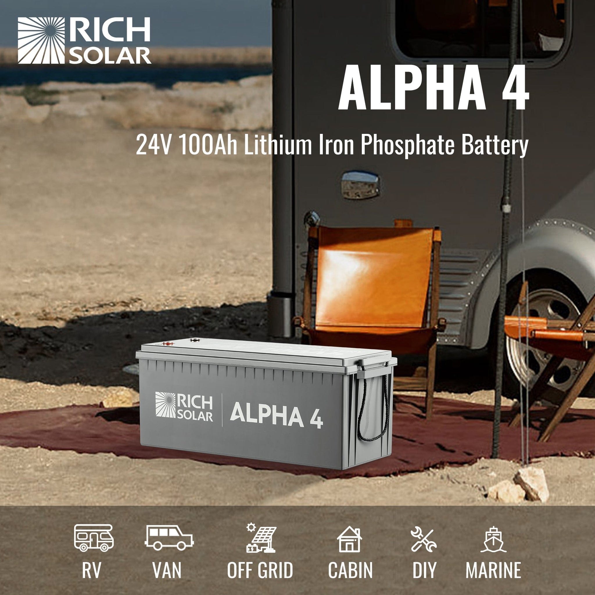 Rich Solar | ALPHA 4 | 24V 100Ah LiFePO4 Battery Off-Grid | 5,000 Lifetime Cycles | Bluetooth and Internal Heat Technology