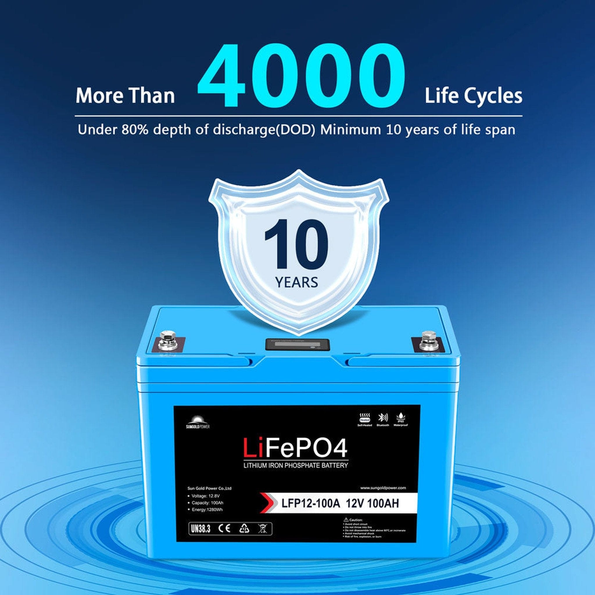 SunGoldPower | 12V 100AH LiFePO4 Deep Cycle Lithium Battery / Bluetooth /Self-heating / IP65