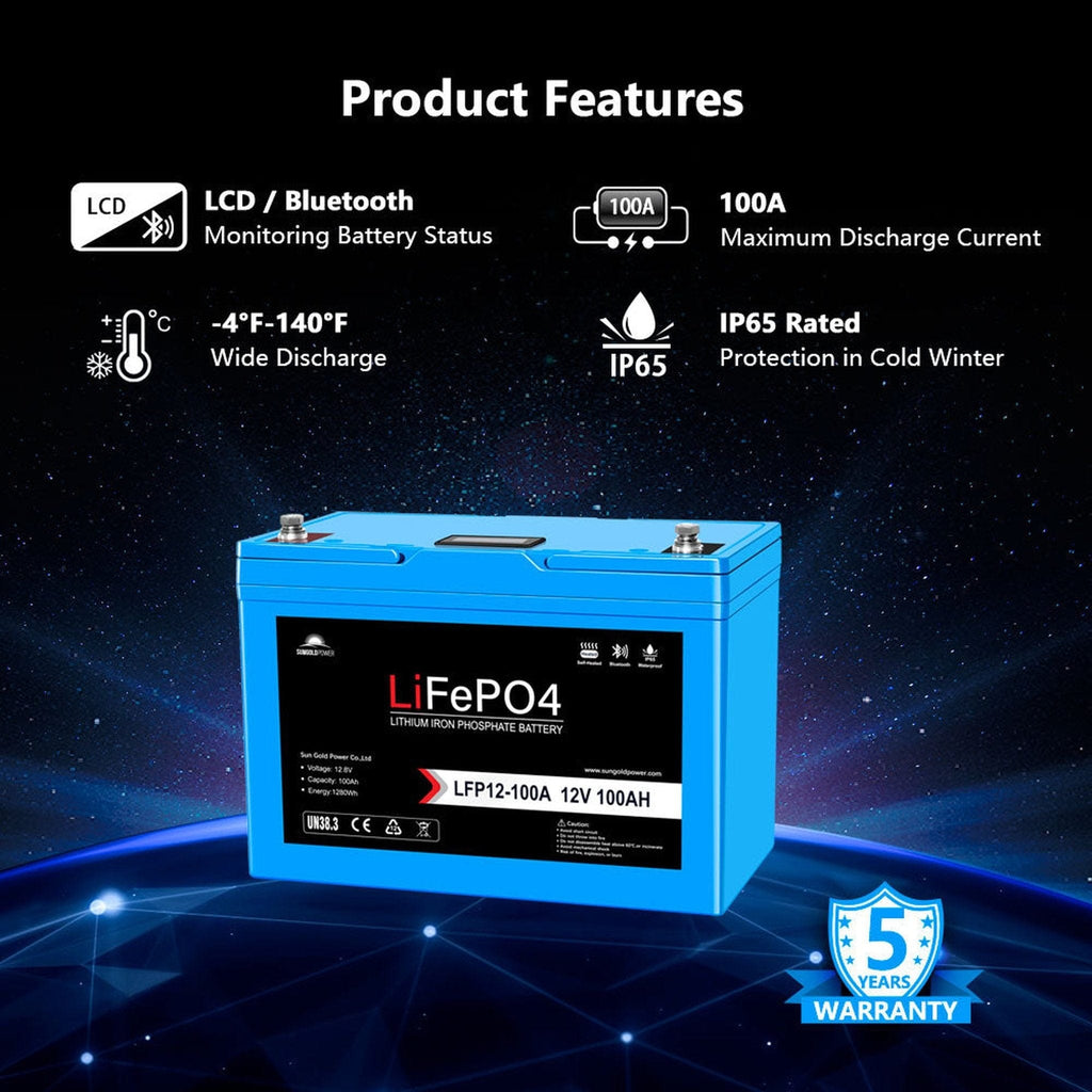 SunGoldPower | 12V 100AH LiFePO4 Deep Cycle Lithium Battery / Bluetooth /Self-heating / IP65