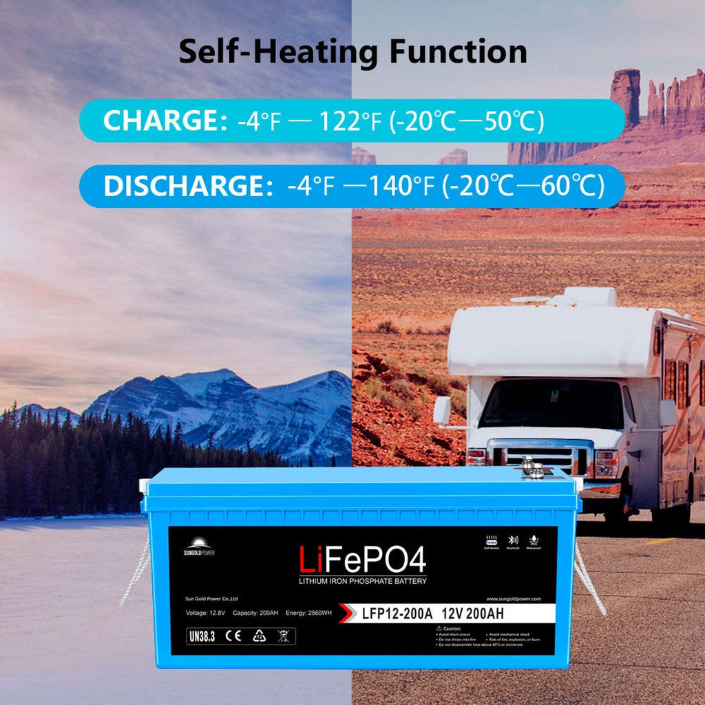 SunGoldPower | 12V 200Ah LiFePo4 Deep Cycle Lithium Battery Bluetooth / Self-Heating / IP65