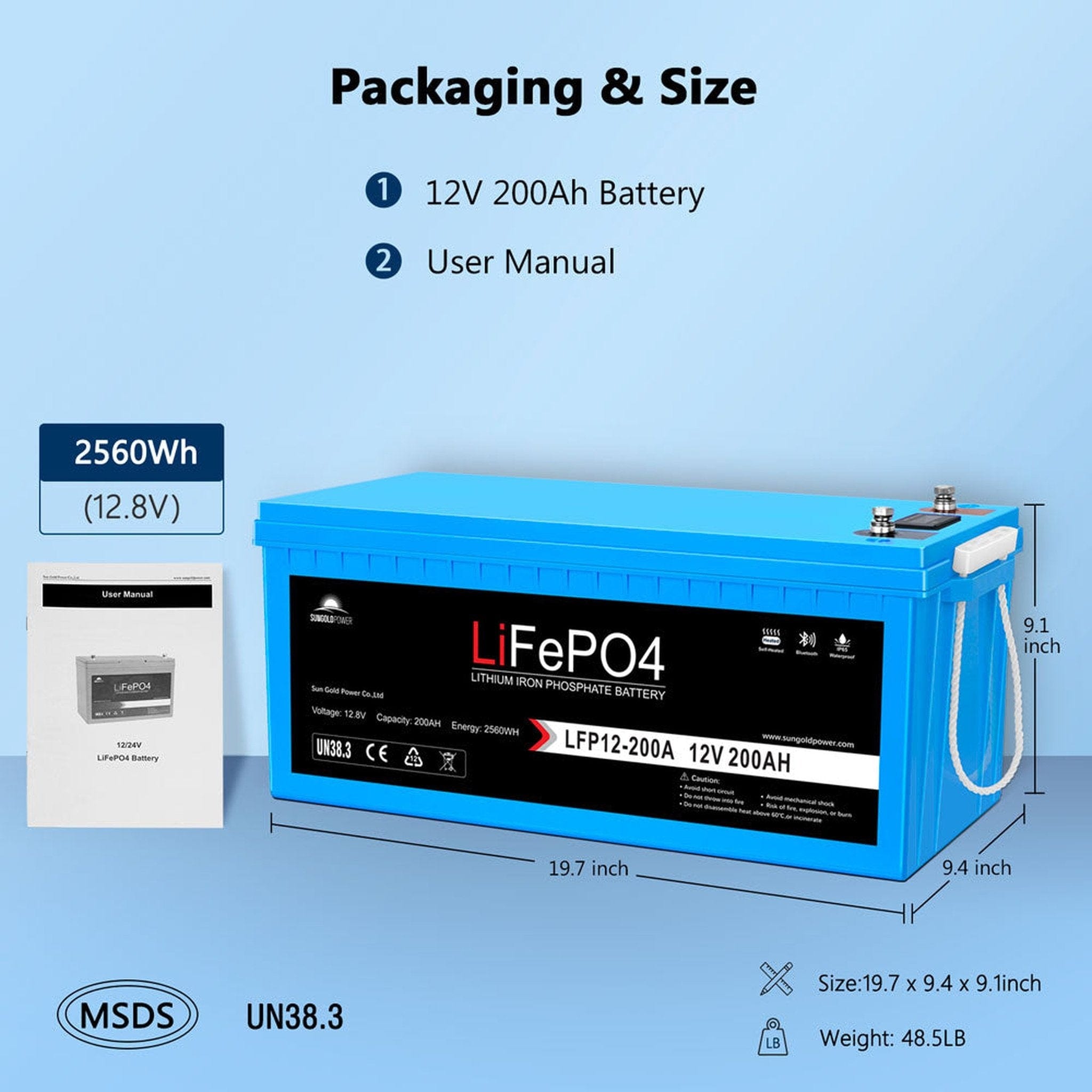 SunGoldPower | 12V 200Ah LiFePo4 Deep Cycle Lithium Battery Bluetooth / Self-Heating / IP65