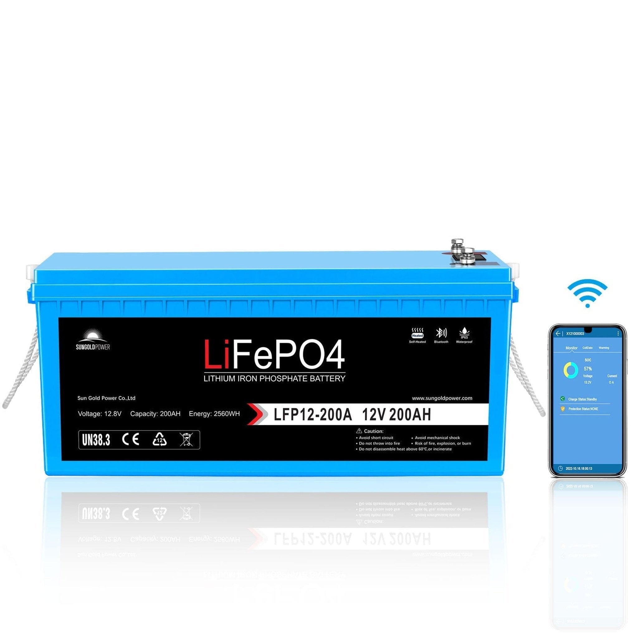 SunGoldPower | 12V 200Ah LiFePo4 Deep Cycle Lithium Battery Bluetooth / Self-Heating / IP65