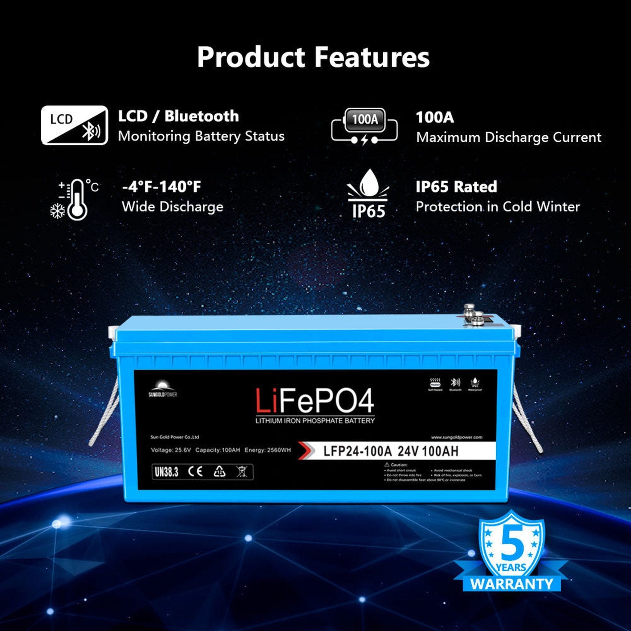 SunGoldPower | 24V 100Ah LiFePo4 Deep Cycle Lithium Battery Bluetooth / Self-Heating / IP65