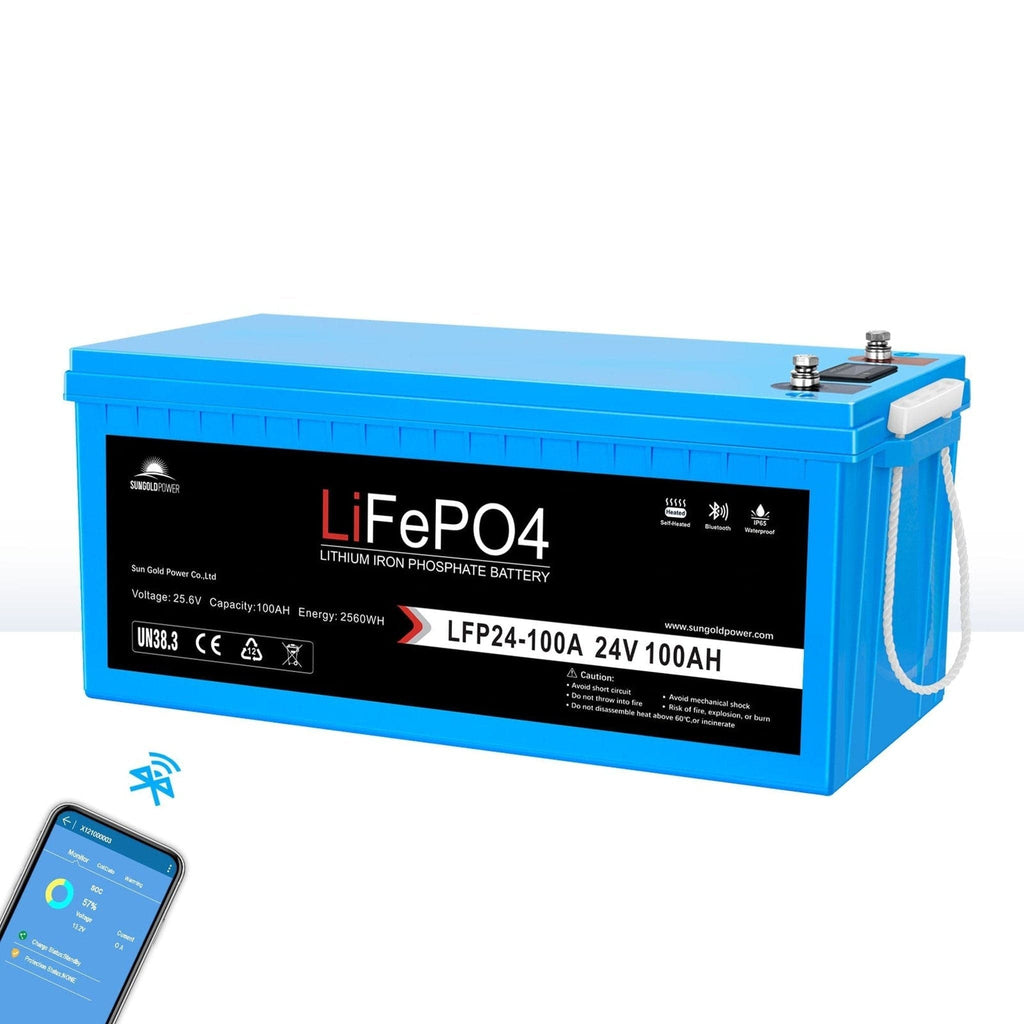 SunGoldPower | 24V 100Ah LiFePo4 Deep Cycle Lithium Battery Bluetooth / Self-Heating / IP65