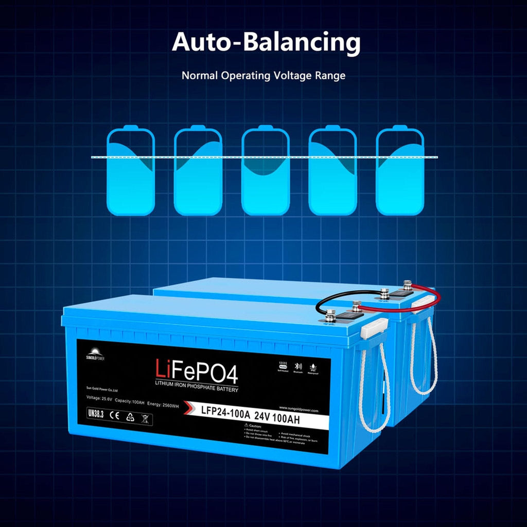 SunGoldPower | 24V 100Ah LiFePo4 Deep Cycle Lithium Battery Bluetooth / Self-Heating / IP65