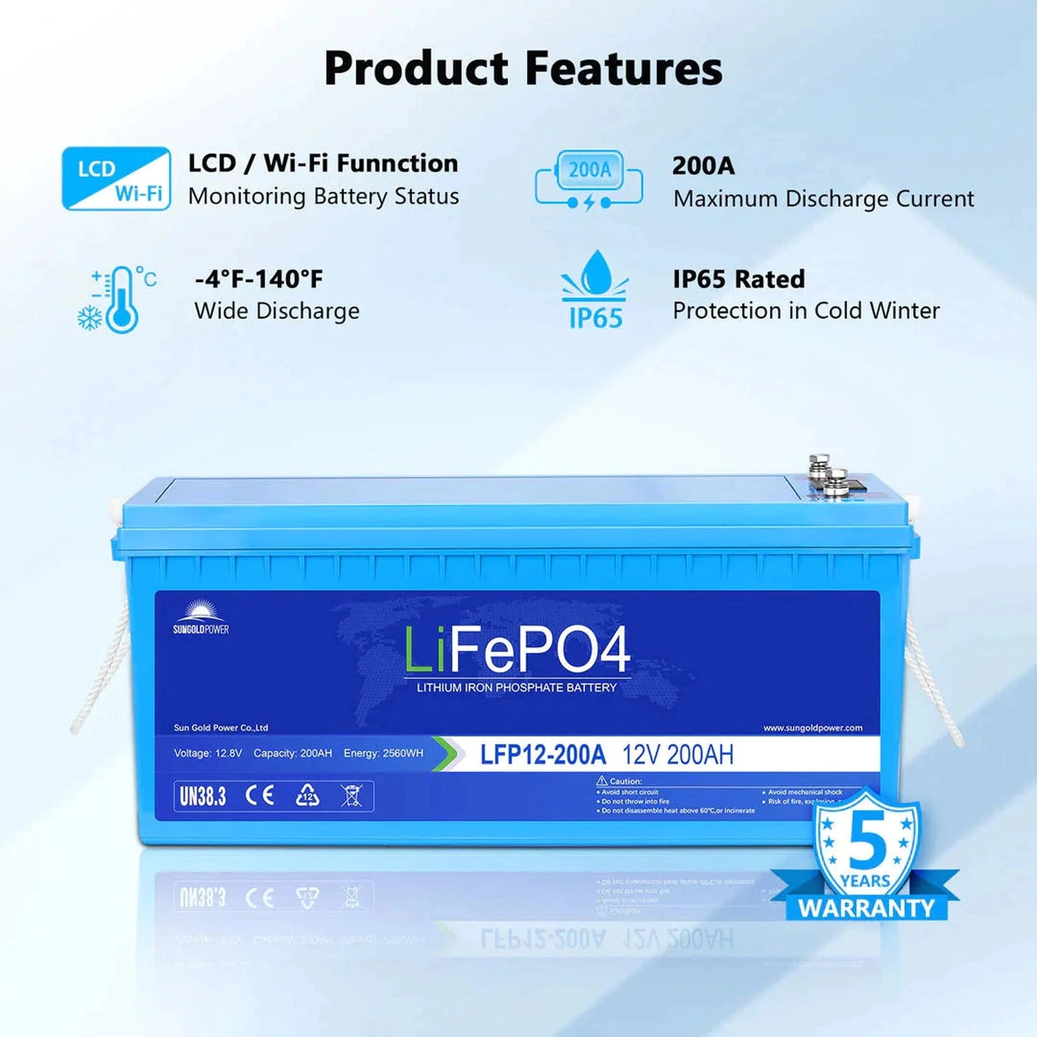 SunGoldPower | 4 X 12V 200AH LIFEPO4 Deep Cycle Lithium Battery / Bluetooth /Self-Heating / IP65