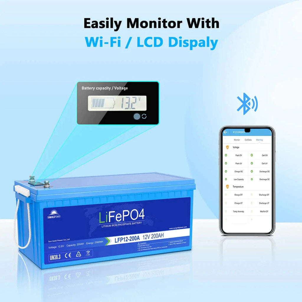 SunGoldPower | 4 X 12V 200AH LIFEPO4 Deep Cycle Lithium Battery / Bluetooth /Self-Heating / IP65
