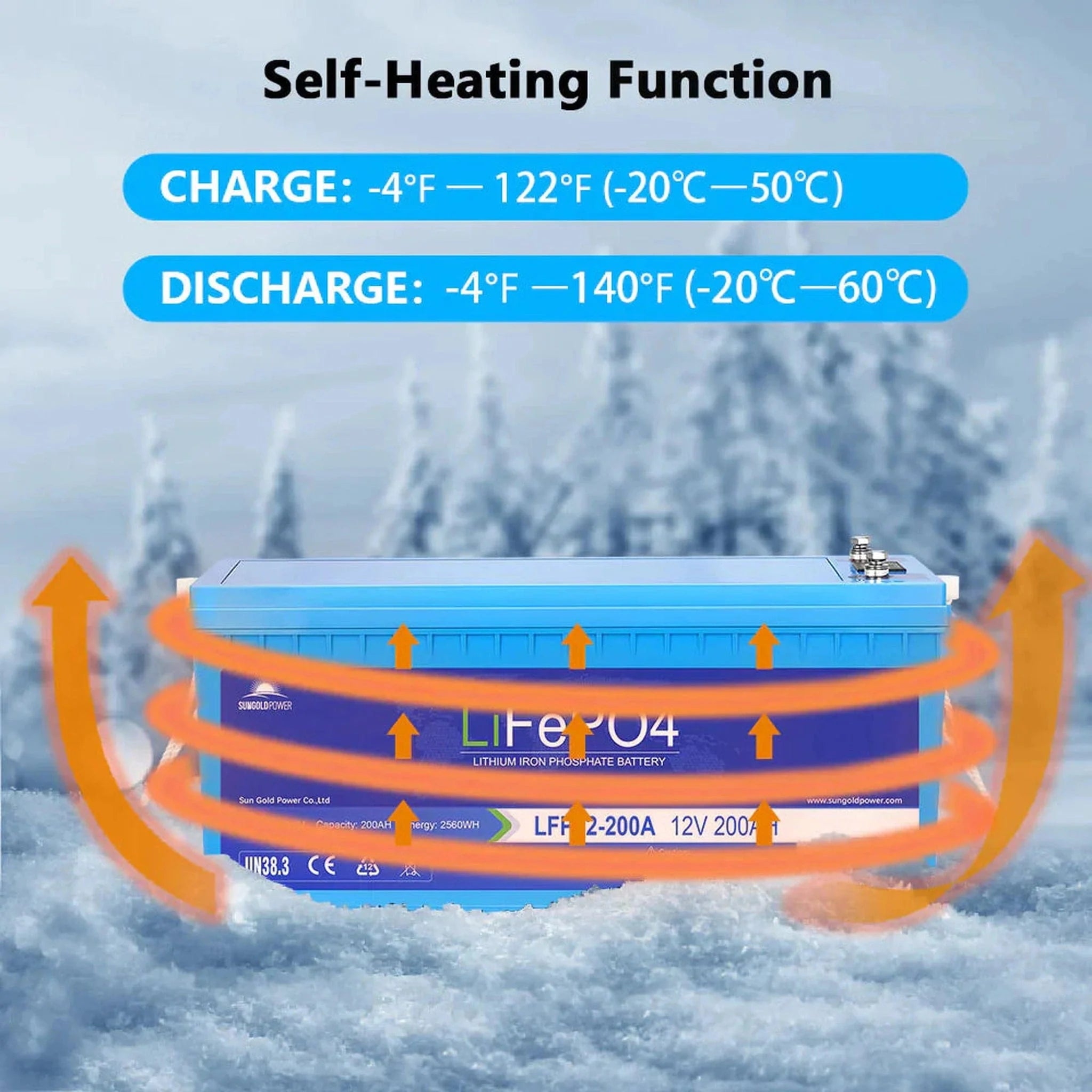 SunGoldPower | 4 X 12V 200AH LIFEPO4 Deep Cycle Lithium Battery / Bluetooth /Self-Heating / IP65
