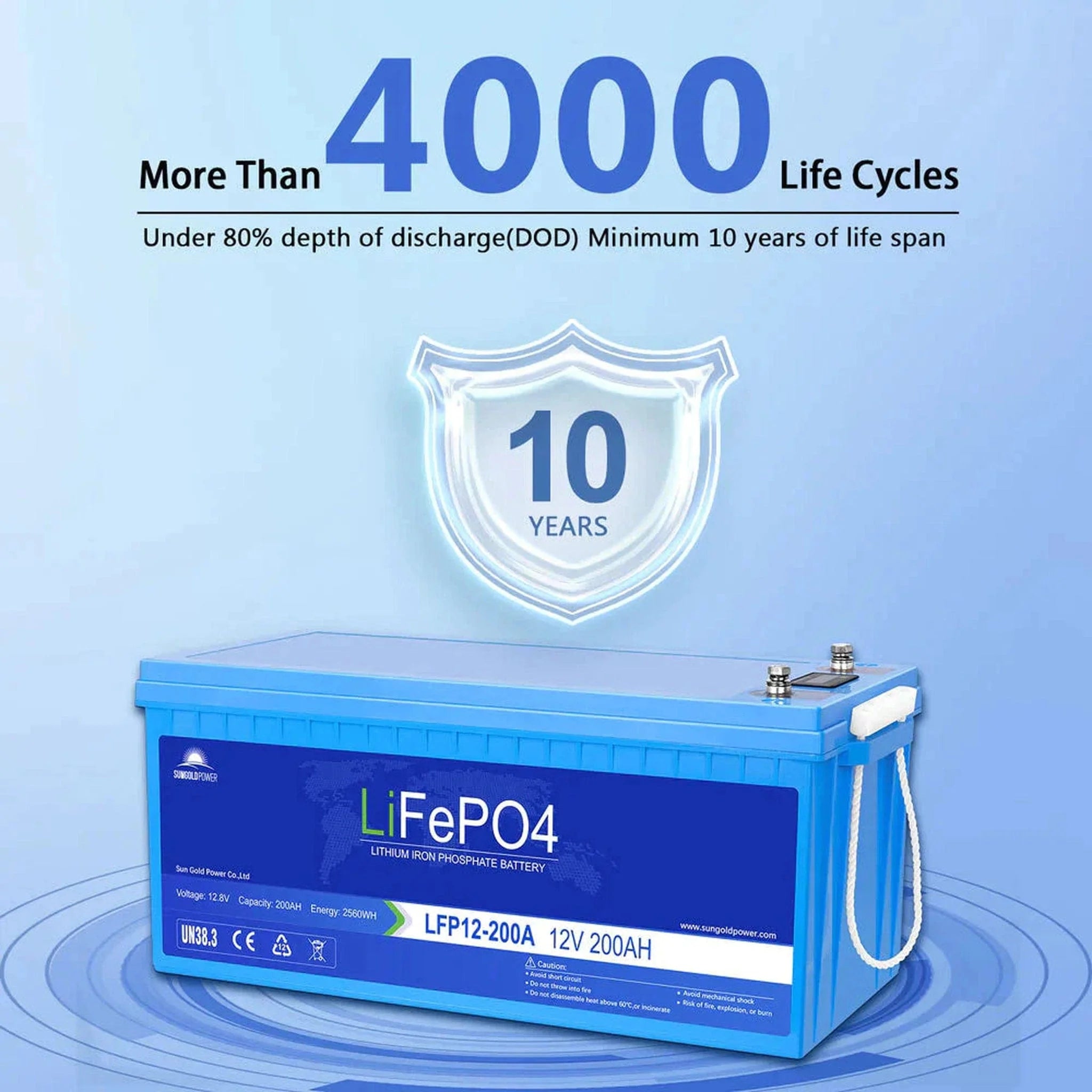 SunGoldPower | 4 X 12V 200AH LIFEPO4 Deep Cycle Lithium Battery / Bluetooth /Self-Heating / IP65